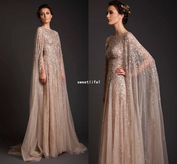 krikor jabotian Champagne Evening Dresses With Tulle Wrap Beaded Sequins Rhinestones Mermaid Formal Occasion Prom Dresses Custom Made