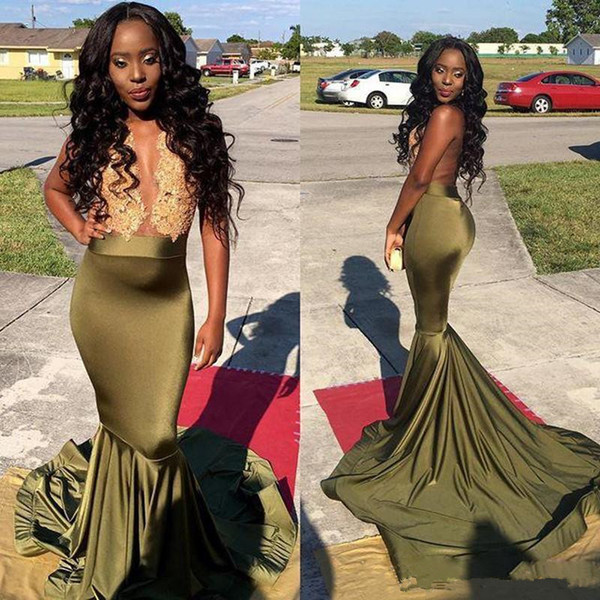 Olive Green African Prom Dresses Gold Lace Appliques Satin Mermaid Evening Gowns Black Girl Cocktail Formal Party Dress