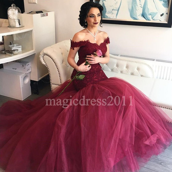 2017 Dubai Burgundy Mermaid Prom Dresses off the Shoulder Lace Evening Gown Handwork Vestidos de Fiesta Pageant Party Reception Dress