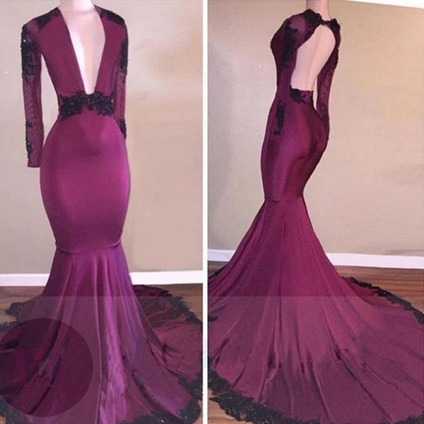 Burgundy Mermaid Evening Dresses Long Deep V Neck African Black Girls Women Black Girls 2K17 2K19 Prom Gowns