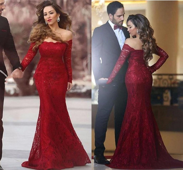 Charming New Design Long Red Lace Evening Dresses Mermaid Off Shoulder Long Sleeves Floor Length Prom Party Gowns Custom Made Cheap