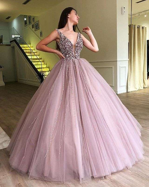 Fairy Lilac V Neck Evening Dresses Shining Crystal Beaded A Line Puffy Tulle Formal Occasion Party Prom Dresses Custom Made