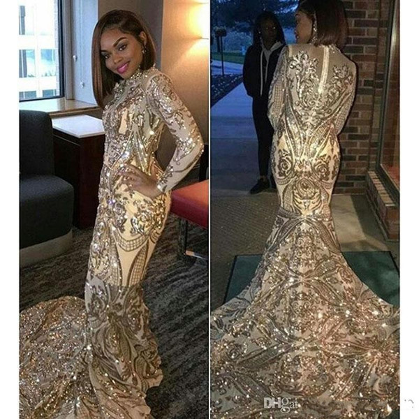 New Sparkly Sequined Mermaid Evening Dresses Jewel Neck Long Sleeves Sweep Strain Formal Evening Prom Dress Party Gowns Plus Size