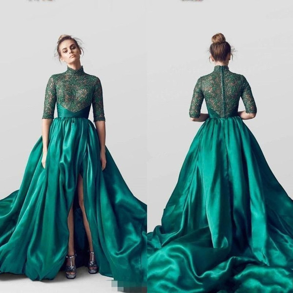 Elegant Peacock Green Half Sleeve Evening Dresses High Neck Lace Top Front Split Prom Party Gown BC1813