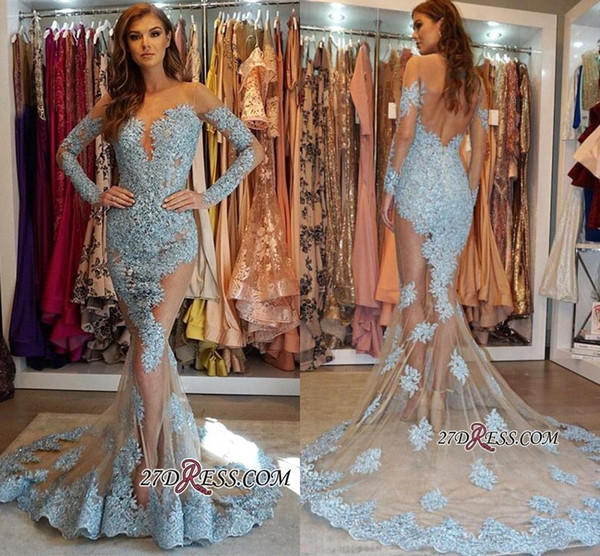 New Sexy Open Back Mermaid Evening Dresses Vintage Long Sleeve Appliqued See Through Women Occasion Dress Party Prom Gowns BC1564