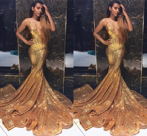 Sexy Deep V Neck Spaghetti Evening Dresses Gold Sequined Sweep Train Mermaid Prom Party Dress Black Girls Formal Wear BC1492