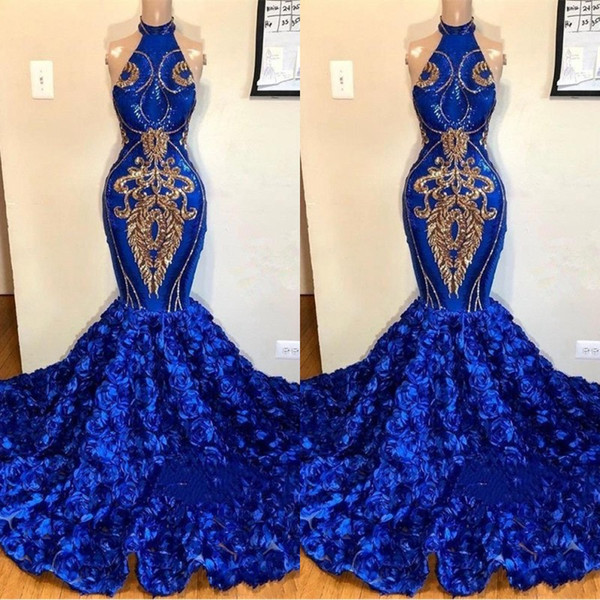 New Royal Blue Mermaid High Neck Evening Dresses Gold Appliques Rose Flowers Long Women Occasion Prom Gowns 2K19 Junior Party Wears BC1213