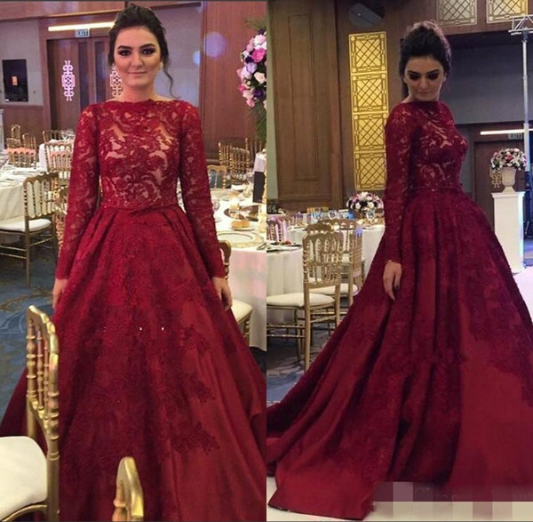 Elegant Long Sleeve Burgundy Evening Dresses Jewel Neck Lace Appliques A Line Prom Party Gown Women Formal Wear BC1854