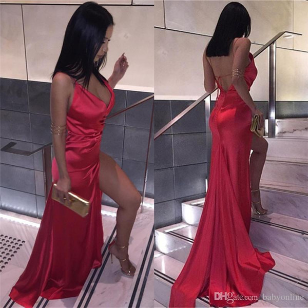 Cheap Sexy Backless Red Split Evening Party Dresses Sheath V Neck Plain Simple Satin Long Prom Gowns