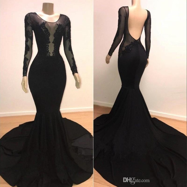 Black Backless Mermaid Prom Dresses Lace Applique Scoop Neck Illusion Long Sleeves Formal Occasion Wear Evening Party Gowns