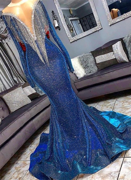 Arabic Sheer Mesh Top Sequined Mermaid Long Evening Dresses Long Sleeves Fringes Sweep Train Formal Party Prom Wear Dresses BC1367