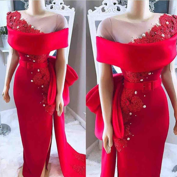 Vintage Red Off The Shoulder Evening Dresses Sheath Lace Appliques Formal Party Gowns Sheer Neck Prom Dresses Custom Made Plus Size