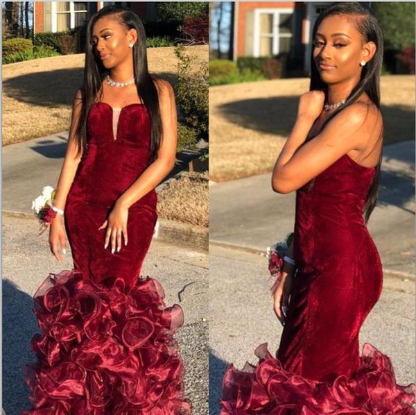 African Black Girl Mermaid Evening Formal Dresses Burgundy Velvet Strapless Prom Dress With Organza Ruffled Skirt BC1189