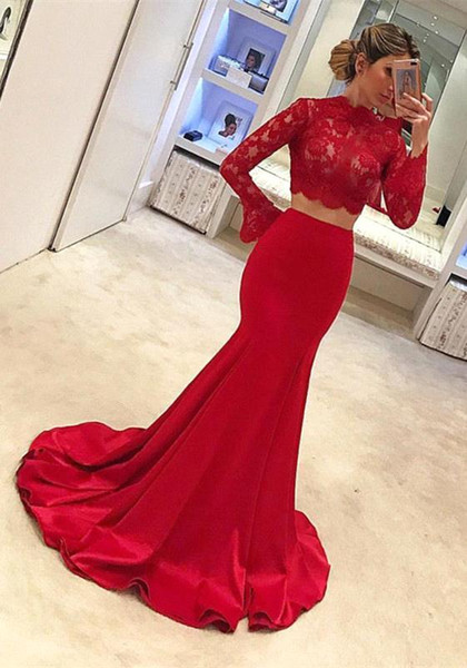 Red High Neck Long Sleeves Mermaid Prom Dresses Sexy Two Pieces Lace Appliques Top Satin Long Evening Party Gowns BC1618