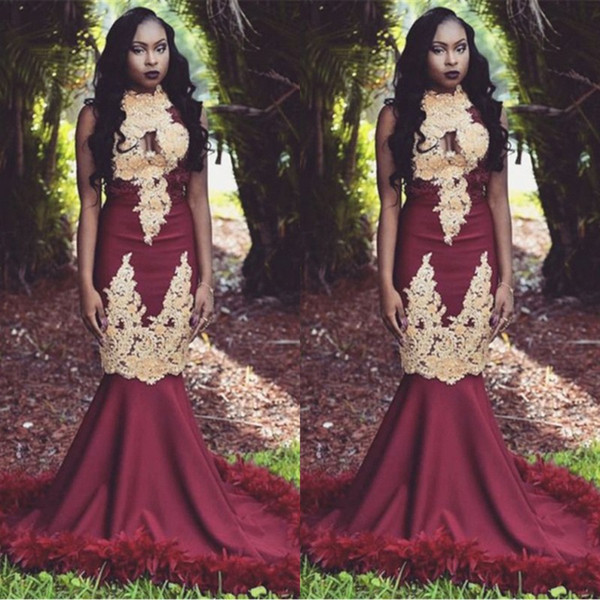 Vintage Burgundy Mermaid High Neck Gold Appliques Prom Dresses With Feather Black Girls South African Evening Gowns BC1143