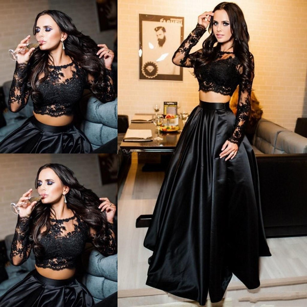 Sexy Two Piece Fall Black Evening Dresses A Line Scoop Long Sleeve Floor Length Lace Top Satin Skirt Party Evening Gowns