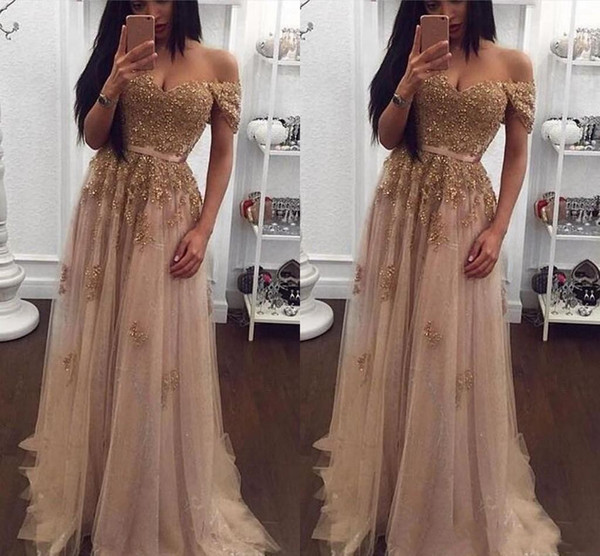 Sexy Blingbling Champagne Formal Evening Dresses Arabic Off Shoulder Lace Appliques Beaded Party Dress Pageant DTJ