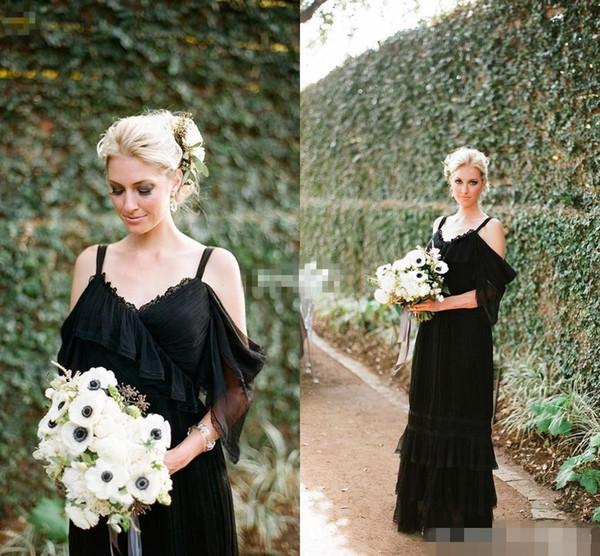 Elegant Black Formal Evening Gowns Spaghetti Lace Off Shoulder Chiffon Gothic Garden Bridesmaid Dresses for Maid of Honor DTJ