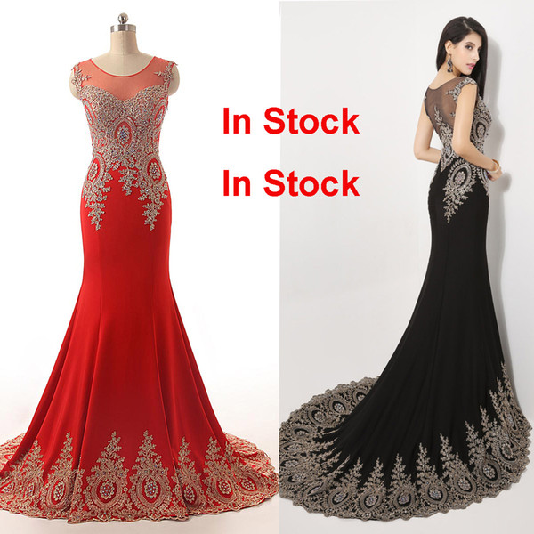 Luxury Formal Evening Prom Party Dresses Red Black Mermaid Sheer Neck Crystal Beads Celebrity Mother Gowns Real Image Arabic