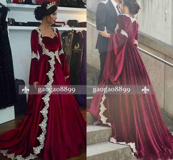 New Arabic Dubai Kaftan Formal Evening Dresses A Line Sweetheart Long Sleeve Sweep Train Appliques Prom Party Gowns