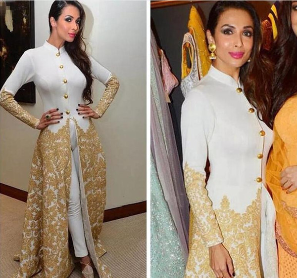 Saudi Evening Gowns Long Sleeves High Neck Caftan With Pants Gold Lace Appliques jumpsuit Malaika Arora Khan Arab Formal Prom Party Gowns