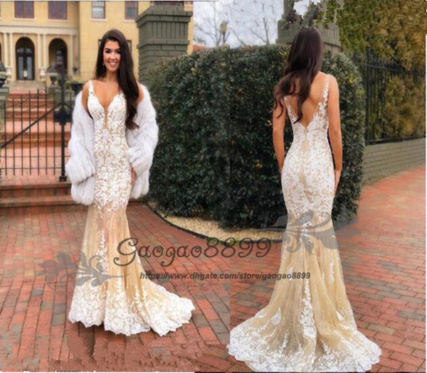 Luxury Champagne lace applique mermaid sexy evening dresses Dubai spaghetti zipper back Formal Gowns illusion tulle Prom Dress robes de