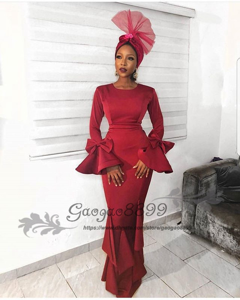 Nigerian Dark red long sleeve mermaid evening dresses with bow elegant square neck african arabic formal celebrity prom party gowns