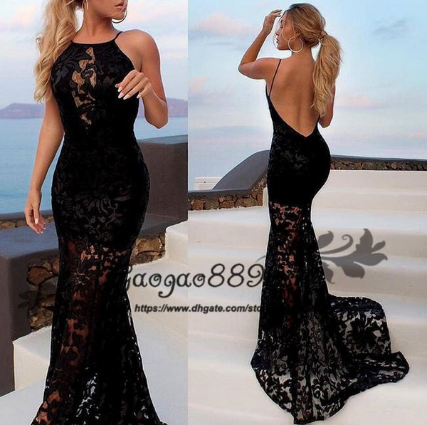 Sexy Illusion Mermaid Black Prom Dresses sexy spaghetti Lace Applique Cocktail Party Gowns backless Formal Trumpet Evening Dresses