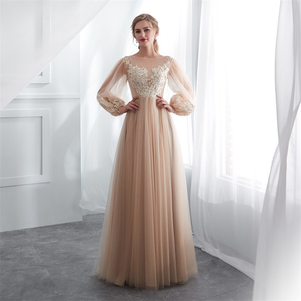 special offer long sleeves evening dresses champagne lace appliques jewel neck floor length arabic formal evening prom party gowns wear