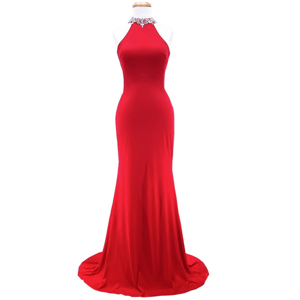 Beaded Halter Neck Satin Mermaid Evening Dresses Red Long Prom Dress Backless Formal Gowns Robe