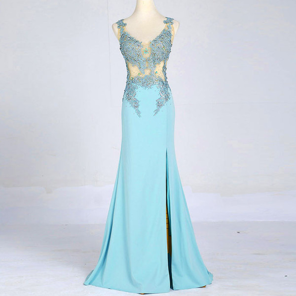 Sexy V Neck Beaded Long Split Evening Dress With Appliques Backless Prom Gowns Real Photo