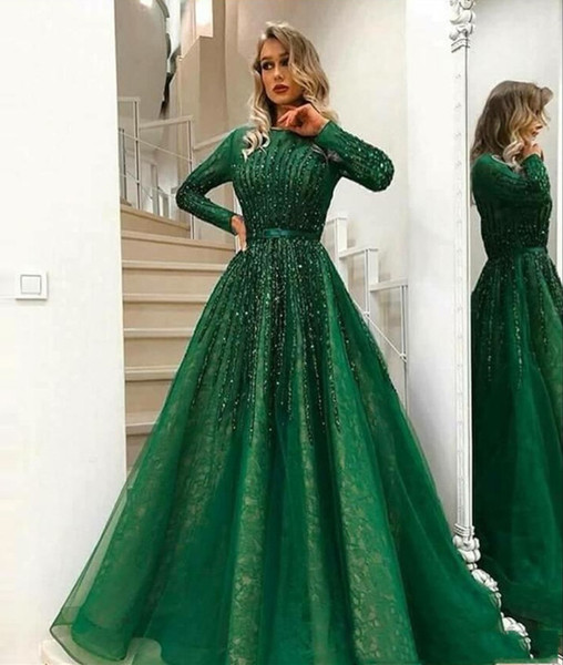 Gorgeous Beaded Evening Dresses with Zipper Back Long Sleeves Abiye Lace Prom Gowns Vestido Longo Abendkleider