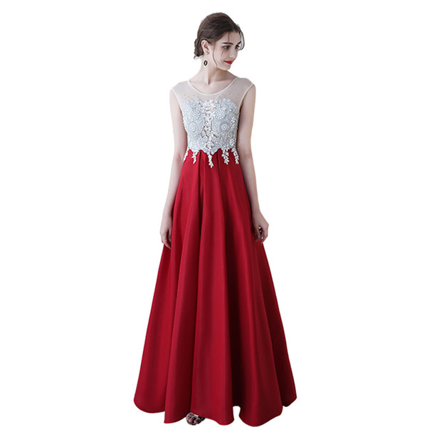 Scoop Neck Long Satin Evening Dresses Burgundy Beaded Formal Dresses Floor Length Party Dress Elegant