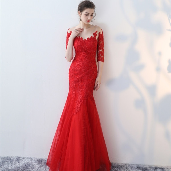 Bateau Neck Lace Tulle Mermaid Evening Dress With Half Sleeves Burgundy Red Evening Gowns Party