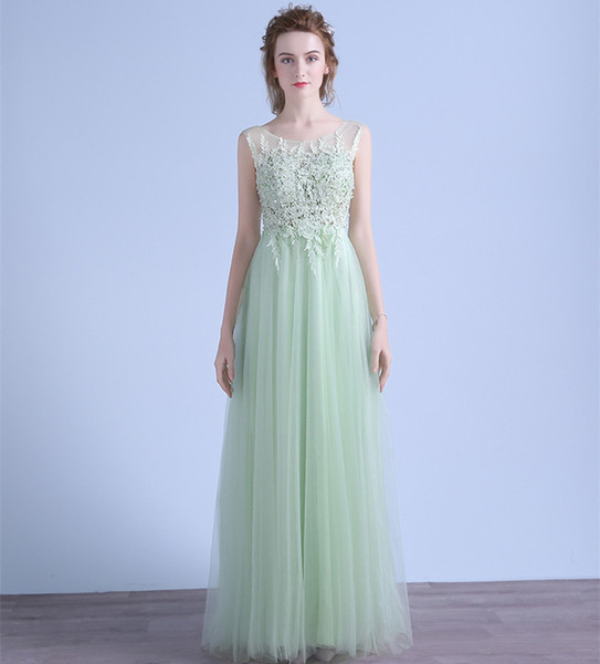 Mint Green Tulle A Line Evening Dresses with Lace Appliques New Floor Length Prom Gowns Backless Evening Gowns