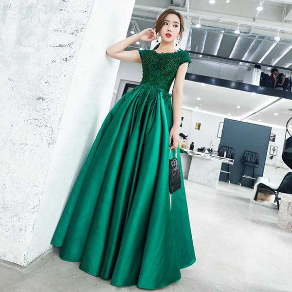 Scoop Neck Satin Evening Dresses with Short Sleeves Beaded Long Evening Gowns Dark Green Prom Dress