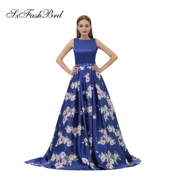 Simple O Neck Open Back A Line Blue Print Satin Long Party Formal Evening Dresses Women Prom Dress Gowns