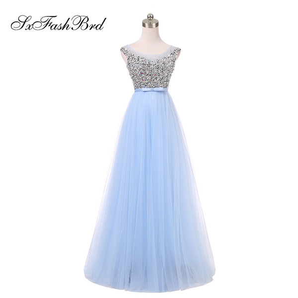 Dress Elegant Sexy V Neck With Beading Open Back A Line Sky Blue Tulle Party Formal Evening Dresses Gowns for Women Prom