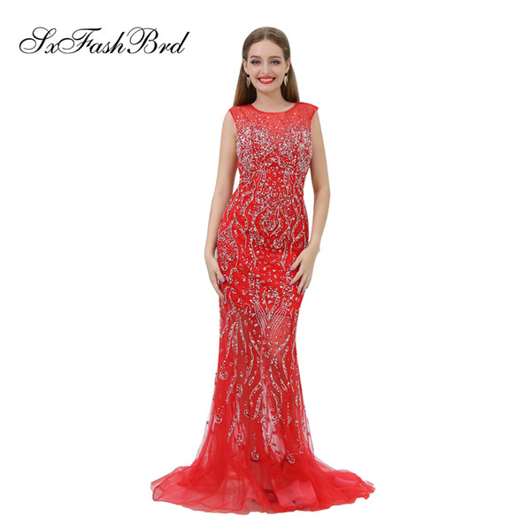 Elegant Dress O Neck Open Back Mermaid Accented Bling Beading Red Tulle Long Party Formal Evening Dresses Simple Women Prom Dress Gowns