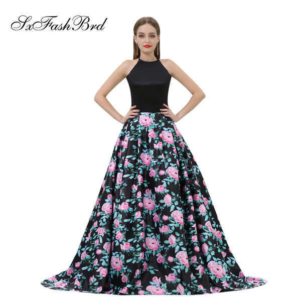 Elegant Girls Dress Halter Neck Open Back A Line Print Satin Long Party Formal Evening Dresses for Women Prom Dress Gowns