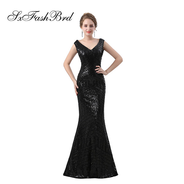 Fashion Elegant Dress V Neck Mermaid Black Sequin Lace Long Party Formal Evening Dresses for Women Prom Dress Gowns