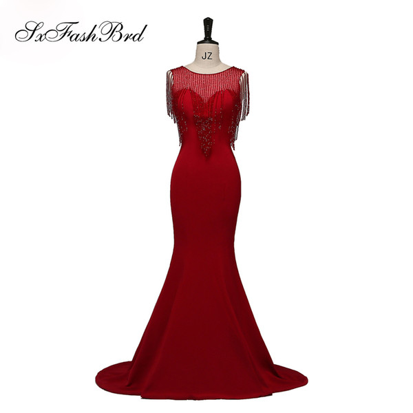 Dress Elegant Sexy O Neck With Beading Mermaid Satin Long Red Party Formal Evening Dresses Gowns for Women Prom