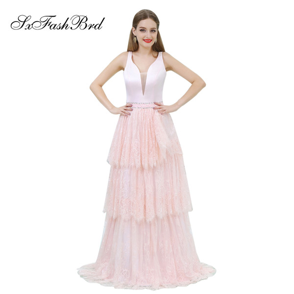 V Neck Open Back A Line Pink Lace Long Party Formal Evening Dresses Women Prom Dress Gowns