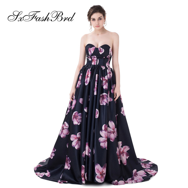 Elegant Girls Dress Sweetheart A Line Black Print Satin Long Party Formal Evening Dresses for Women Prom Dress Gowns