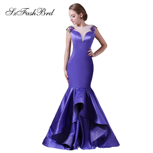 Elegant Girls Dress O Neck With Flower Mermaid Satin Long Party Formal Evening Dresses for Women Prom Dress Gowns