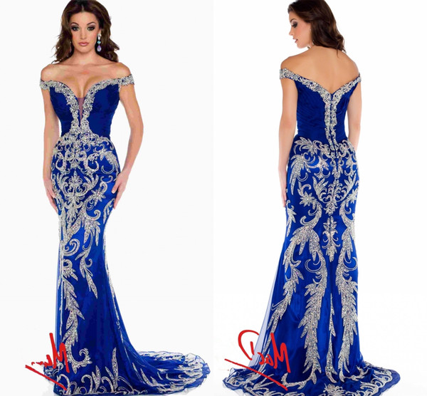 Evening Dresses Luxury Designer Prom Dress Off the Shoulder Crystal Sequined Bling Royal Blue Tulle Mermaid Formal Pageant Gowns HY1551