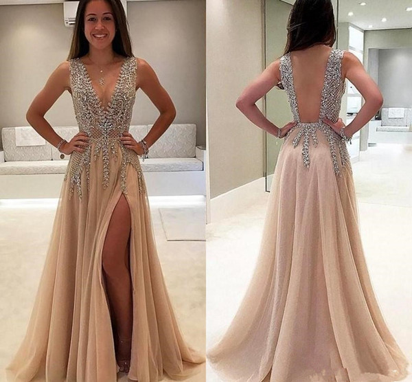 Champagne Sexy Side Split Prom Dresses Luxury Beads Crystal A-Line Deep V-Neck Backless Formal Evening Party Gowns HY4121