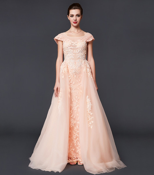 High Quality New Formal Evening Dresses Noble And Elegant Large Round Neck Pink Lace Applique Bead Spring And Summer Big Party Dresses HY139