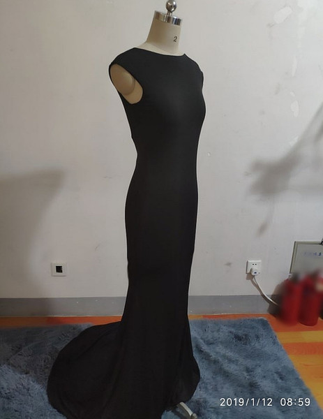 Custom Made Fancy Lady Formal Dress Black Spandex Mermaid Party Gown Bateau Sweep Train Backless Prom/Evening Dresses Corset