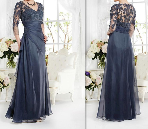 Vintage Navy Blue Mother Of The Bride Groom Dress 3/4 Sleeves Appliques Lace A-line V-neck Long Custom Made Winter Evening Party Gown